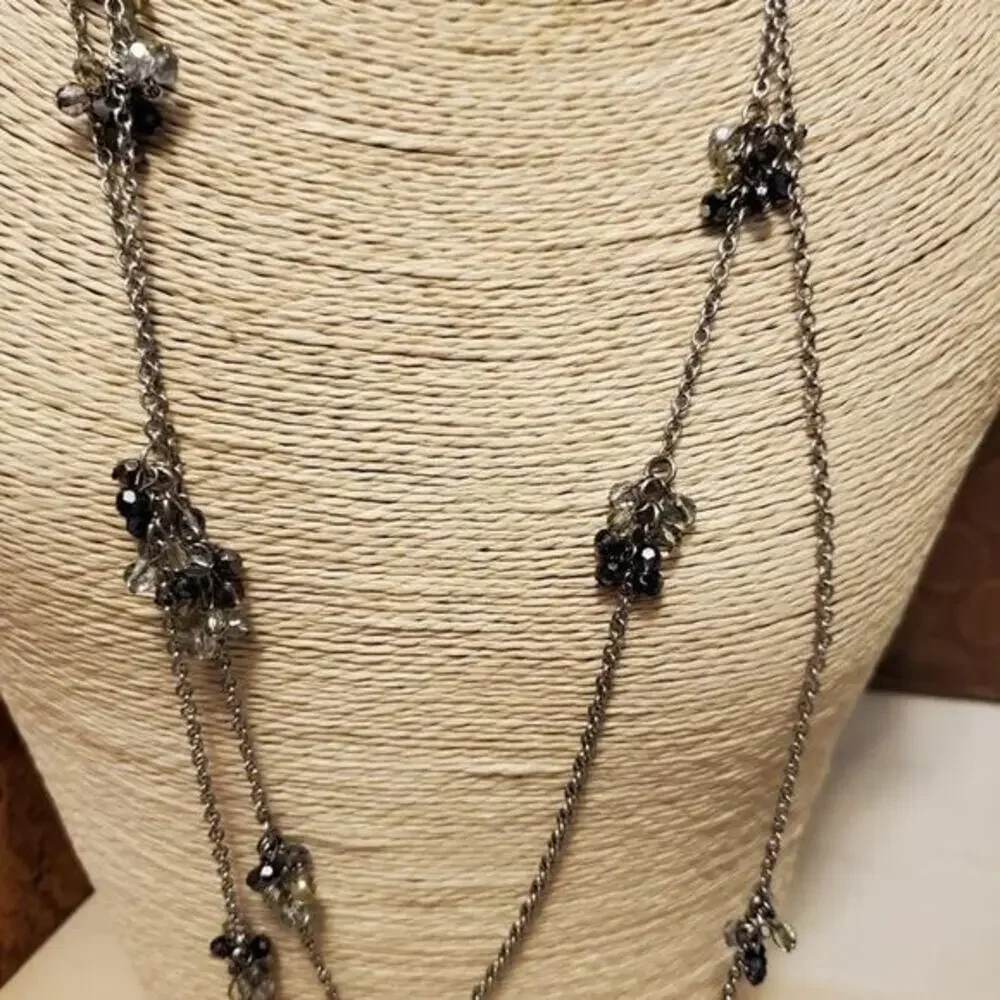 Coldwater Creek Gunmetal Long Beaded Necklace Grey Iridescent Navy‎ Cluster